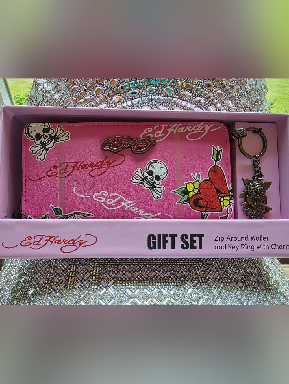 Ed Hardy NWT Hot Pink Signature Skull Wallet With Key Ring